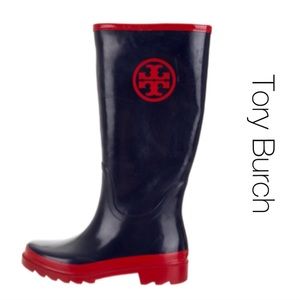 Tory Burch Navy and Red Logo Rainboots 5